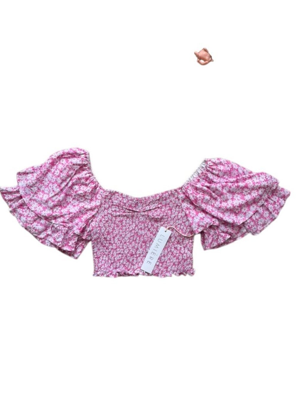 Lumiere Women's M Floral Smocked Off Shoulder Crop Top Pink Ruffle NWT Rayon.